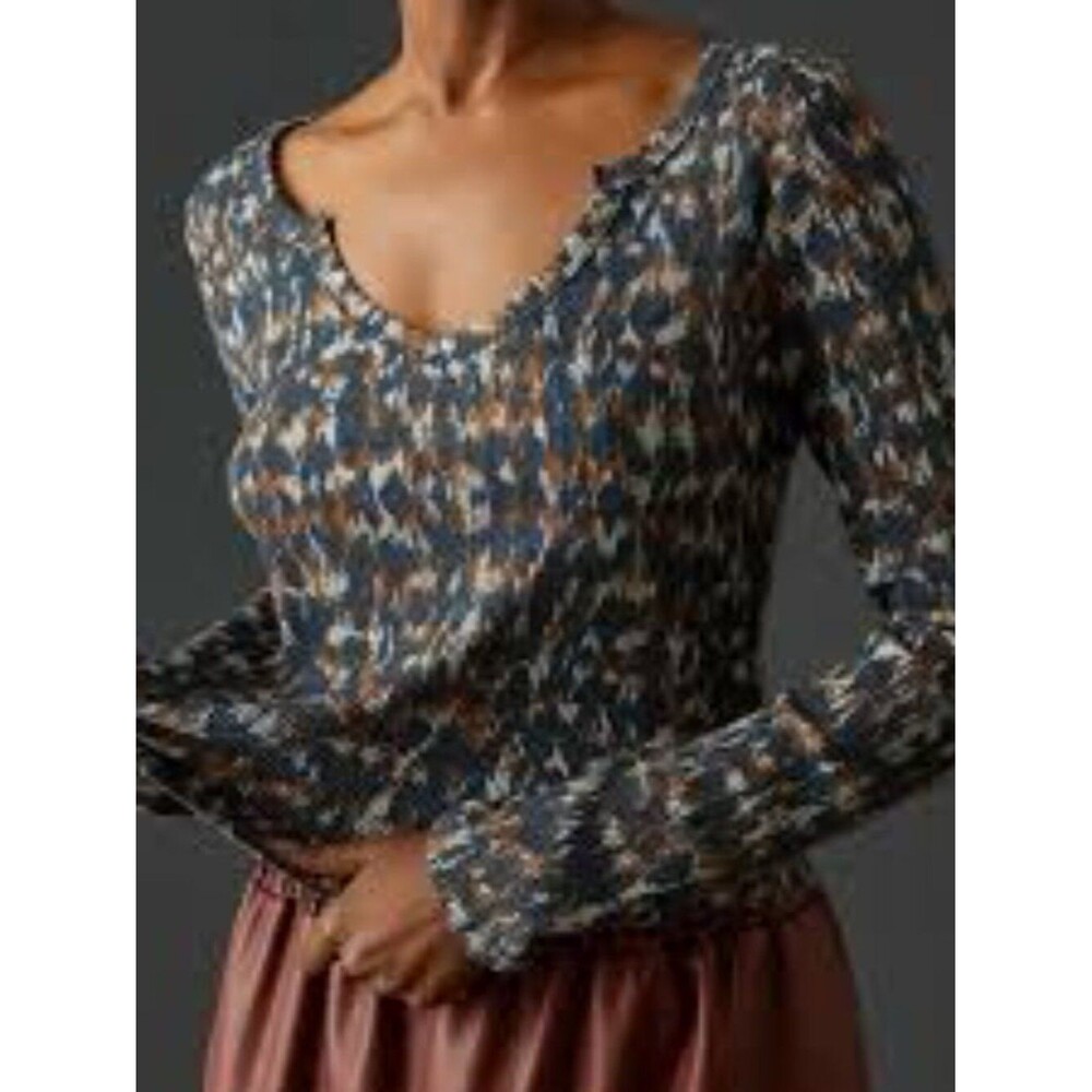 Anthropologie Pilcro Blue Motif Notched Neck Long Sleeve Waffle Top Size Large